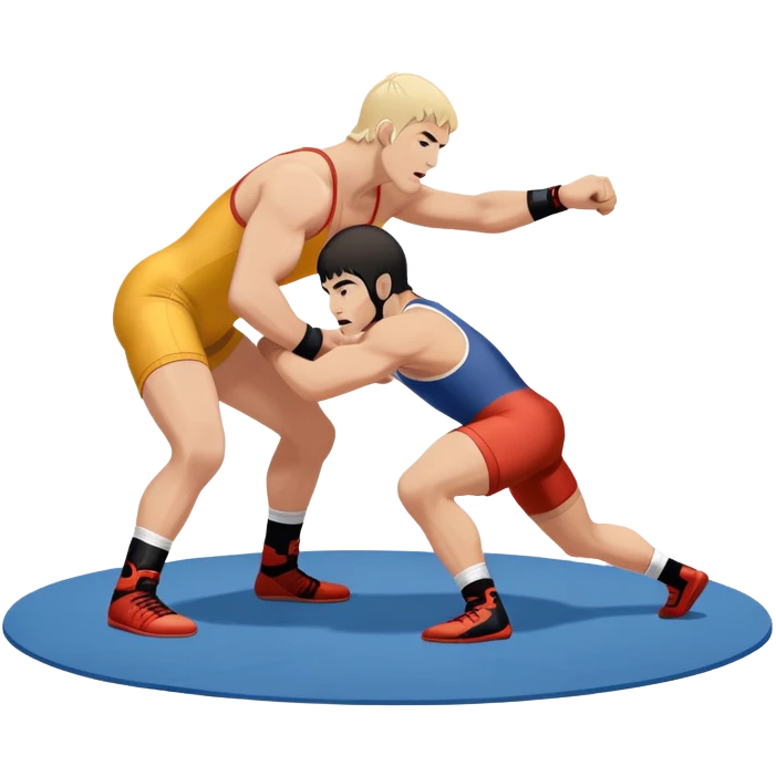 An icon showcasing two wrestlers engaged in a dynamic free wrestling match. The athletes are in mid-action, one attempting a takedown while the other defends. The background features a wrestling mat, and the fighters wear traditional singlets. Transparent background  emoji
