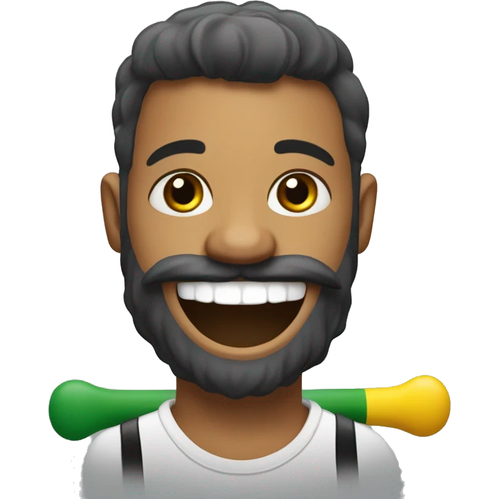 Create an image of a Brazilian drummer with tied hair and a beard, expressing joy while playing drums in his live stream. Include the logo "GG Lukas Drummer" in the background. emoji