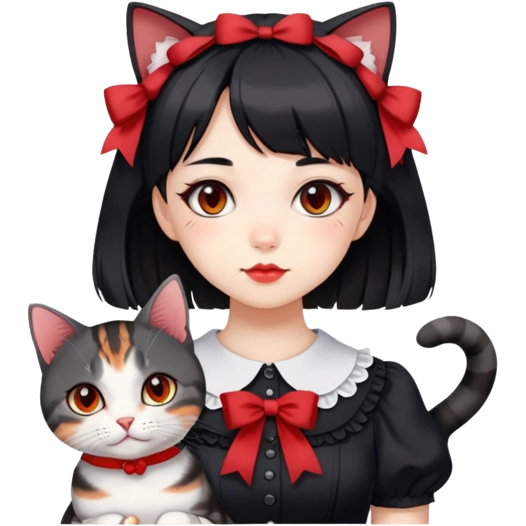 girl wearing black Lolita style dress, with medium-length black hair with red tips, and an American Shorthair tabby cat emoji