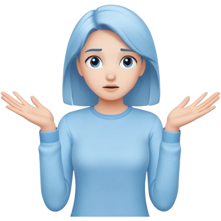 girl wearing pastel blue clothes shrugging with hands spread in an "I don't know" gesture emoji