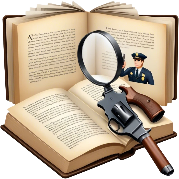 Icon for Action & Crime Reading: an open book with action-packed scenes on the pages, including detectives, chase scenes, and suspenseful moments. Add a gun, handcuffs, and a magnifying glass, while keeping the book as the main focus. Transparent background. emoji