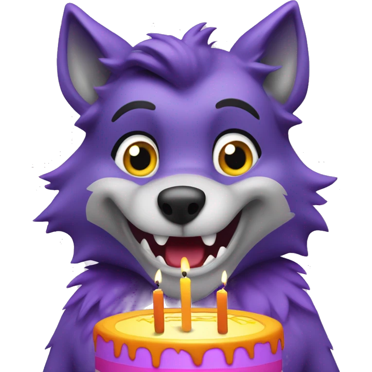 Purple, anthropomorphic wolf blowing out birthday candles emoji