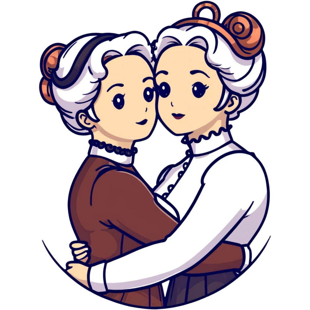 Two Victorian women embracing, one with white coiffed hair and one with copper coiffed hair, both with light eyes, wearing Victorian high-neck dresses emoji