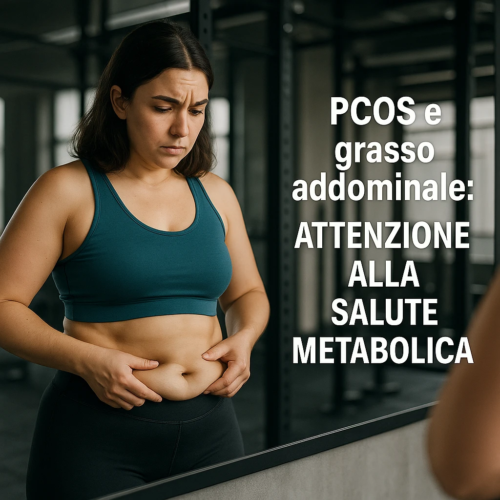 woman in sportswear in front of mirror, observing her abdomen with fat accumulation, reflective expression, gym environment, Italian text: 'PCOS e grasso addominale: attenzione alla salute metabolica', 4K quality emoji