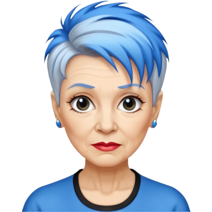 reife frau, achtzigJahre alt kein kind! freche extreme schwarze Kurzhaarfrisur eine Seite wirklich fast keine Haare andere Seite mit blauer Strähne kurze Seite noch viel kürzer emoji