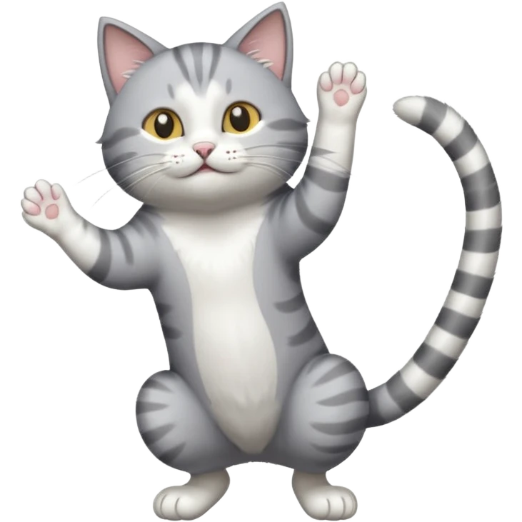 grey and white cat doing a big long stretch reaching up into the air emoji