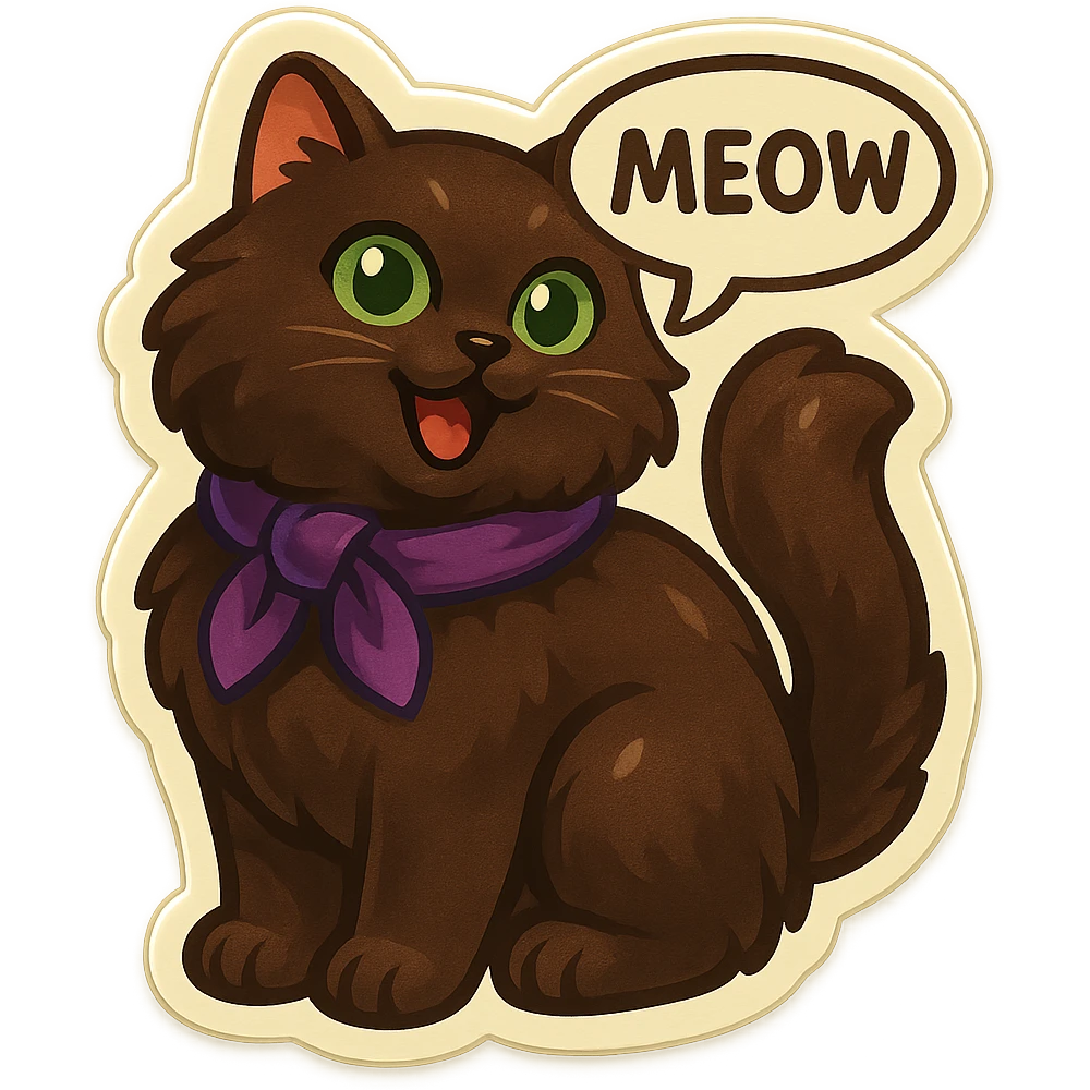 Fluffy meowing cute dark-brown cat with green eyes and a purple scarf saying ‘meow’ (with a speech bubble) emoji