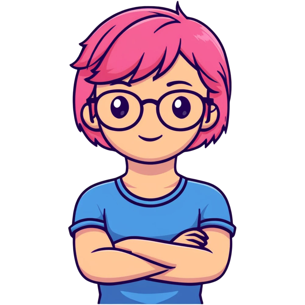 Pink-haired girl with glasses crossing her arms with a slight smirk emoji
