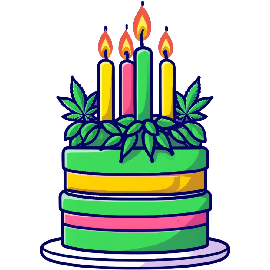 Festive birthday cake with cannabis leaf decorations and birthday candles emoji