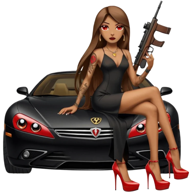 Lilith tan skin female red eyes symbol. Tattoo arms. Her hair is brown straight long hair.wearing sexy long sexy dress with slit. black stiletto thick platform high heels shoes on. Sitting on gold giant luxury car with cash inside . She is holding a sniper rifle in one hand cash in other hand emoji