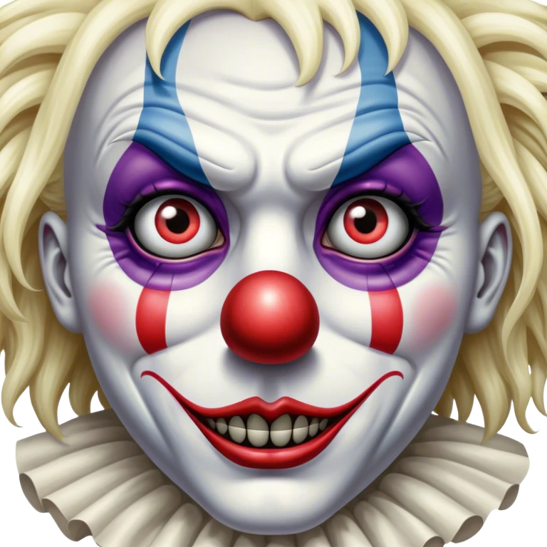Extremely detailed image of a terrifyingly creepy clown, each lash, eye, and hair is shown in stunning detail as though captured in a timeless photograph, rich textures, visually rich, so lifelike that it feels like it could leap off the page at any moment emoji