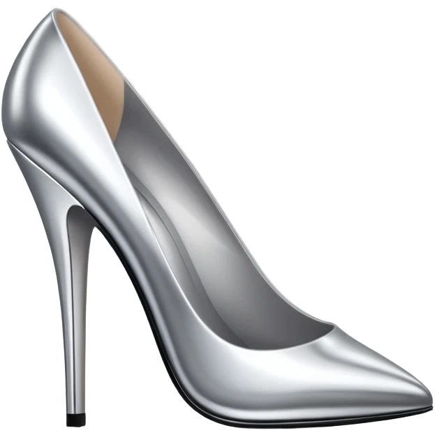 A pair of high heel shoes emoji made of polished silver chrome, elegant sharp silhouette, smooth metallic surface, glossy reflections, luxury sexy vibe, minimalistic iOS emoji style, centered, clean white background emoji