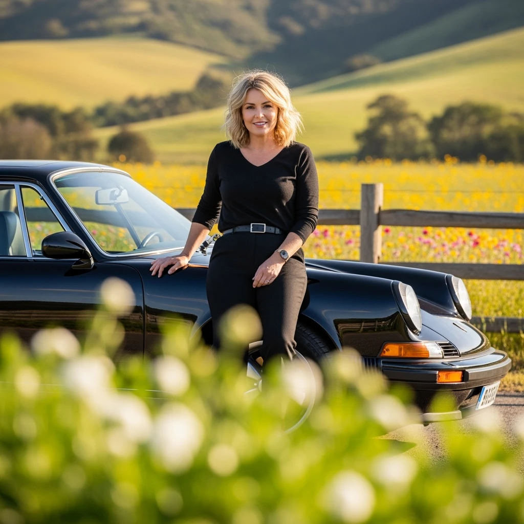 A portrait of a white person next to porsche 911 in the foreground, blurred plants in the foreground, a wooden fence and colorfull flowers in the midground, rolling hills in the background, cinematic depth of field, layered composition, natural lighting emoji