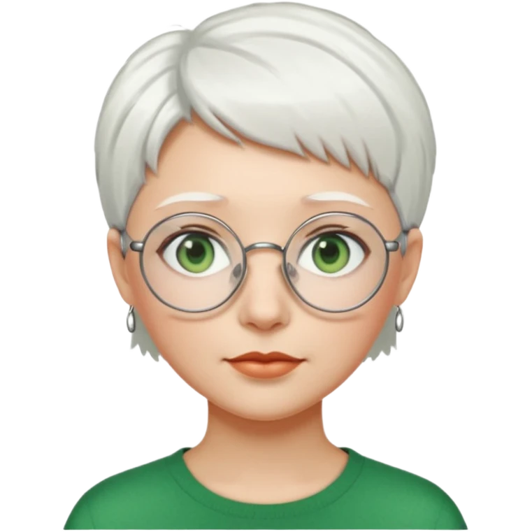 visage femme a lunettes ronde avec cheveux courts blancs aux yeux verts emoji