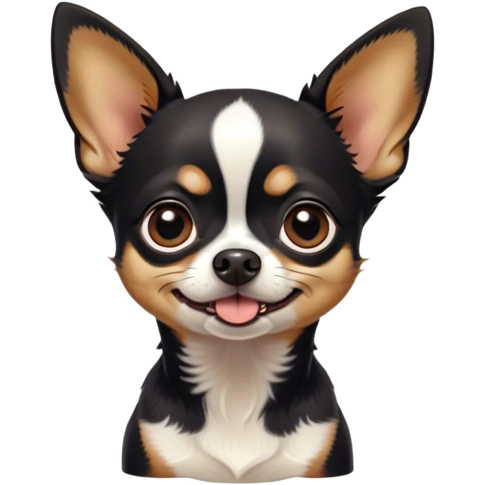 Cinematic Comical Black Tri Short Haired Chihuahua Portrait Emoji, Head tilted dramatically with an exaggeratedly shocked or offended expression, short black tri-color fur with striking white and tan markings, wide, expressive dark eyes filled with exaggerated disbelief, Simplified yet hilariously expressive features, highly detailed, glowing with a slightly sassy glow, high shine, dramatic yet playful, stylized with an air of attitude, bright and endearing, soft glowing outline, capturing the essence of a sassy and over-the-top pup, so meme-worthy it feels like it could side-eye its way into internet fame instantly! emoji