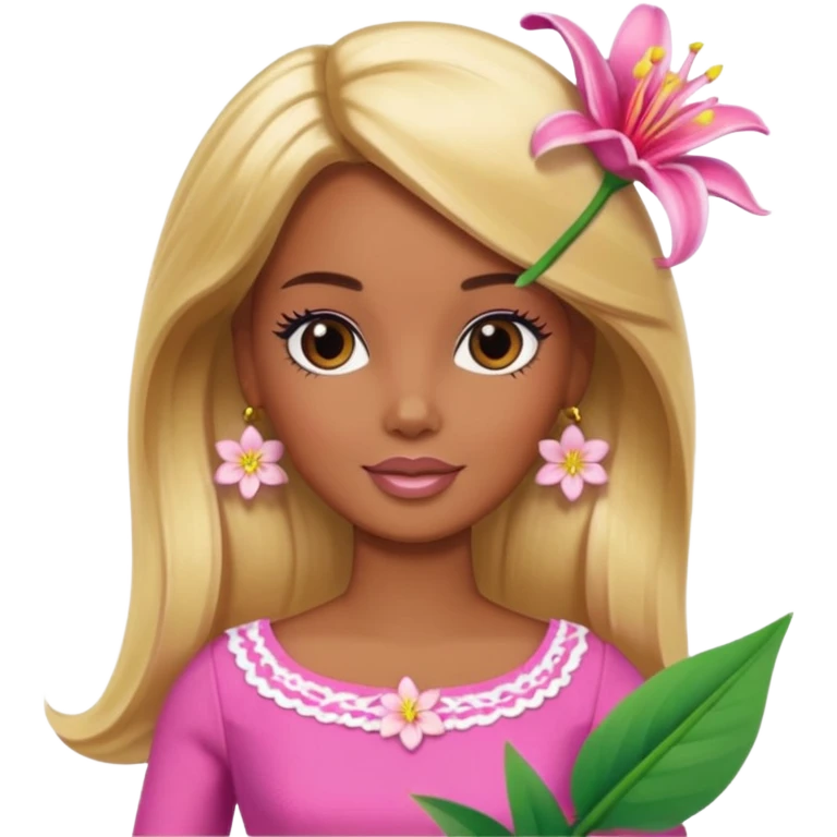 Brown skin blonde hair Barbie with flower Lilly in hair  emoji