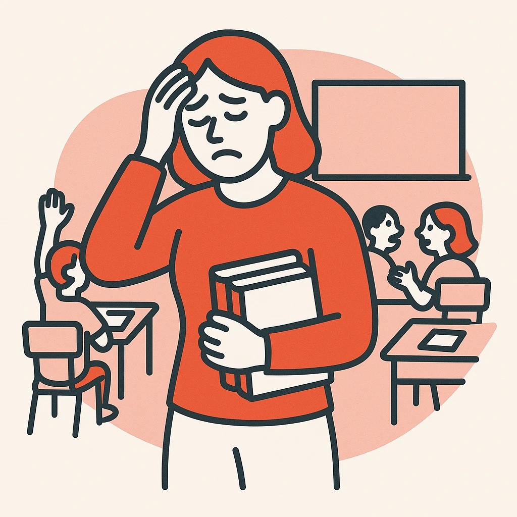 exhausted teacher in a bustling classroom emoji