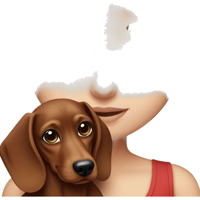 White girl with straight brown hair and blue eyes holding a red dachshund  emoji