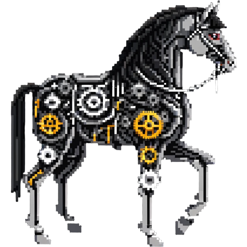 Horse constructed from mechanical parts, gears, cogs, wires, and ropes, steampunk aesthetic emoji