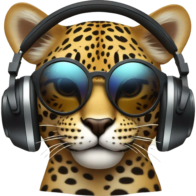 jaguar cat dj, cute emoji face, looking forward, wearing cool sunglasses, wearing over-ear headphones on top of head emoji