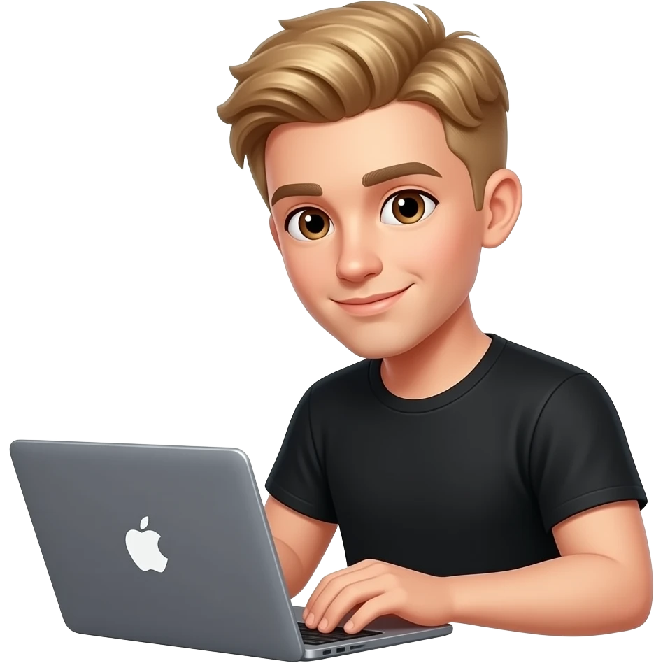 Блондин парень в черной футболке без бороды с карими глазами сидит за ноутбуком apple  c короткой стижкой emoji