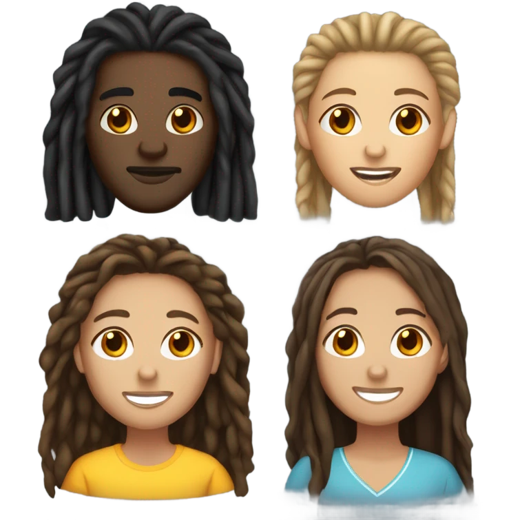 Black athletic male with long dreads, Spanish female with long brunette hair, and while female with brunette hair emoji