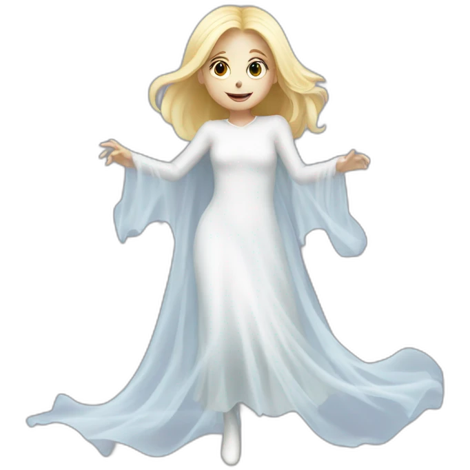 a blondie girl dressed as a ghost who is moving up the floor going to a party emoji
