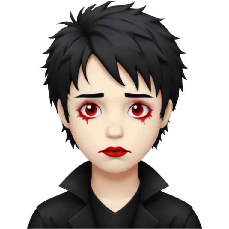 Goth boy with shaggy hair, and messy, smudged, red, lipstick  emoji
