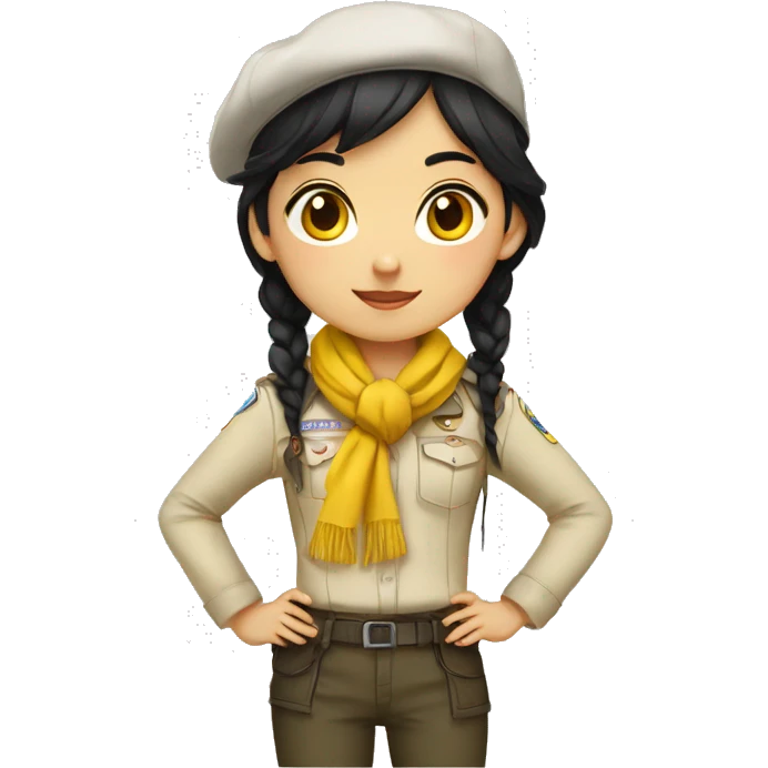 Scout girl with Black hair and brown eyes and a YELLOW knotted scarf and a white shirt with black beret and black pants standing emoji
