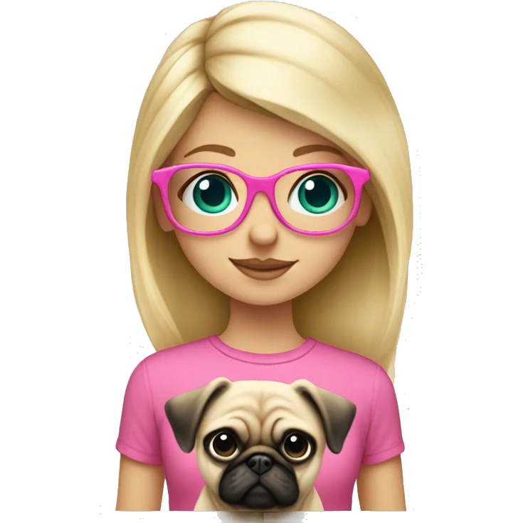 Blond girl who has teal eyes  with pink glasses wearing  a pink shirt holding a pug  emoji