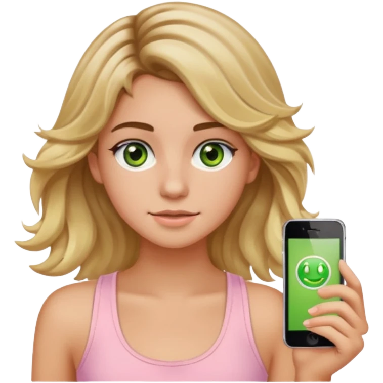 20-year-old girl with long wavy hair brown roots blonde highlights green eyes brown eyebrows good summer tan iPhone emoji style can you make her wear a light pink tank top emoji