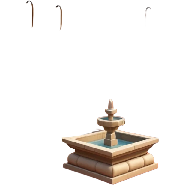 3D Apple-style emoji of a Turkish han courtyard. Square courtyard, small fountain, low arches, hanging lanterns, stacked carpets. Rounded, glossy, soft shadows, bright daylight, white background.





 emoji