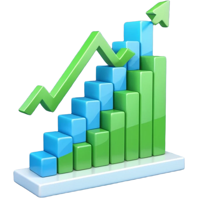 3D bar chart with upward trend, pie chart, colorful graphs, 
data visualization, blue and green colors, transparent background, 
emoji style, realistic, modern business analytics emoji