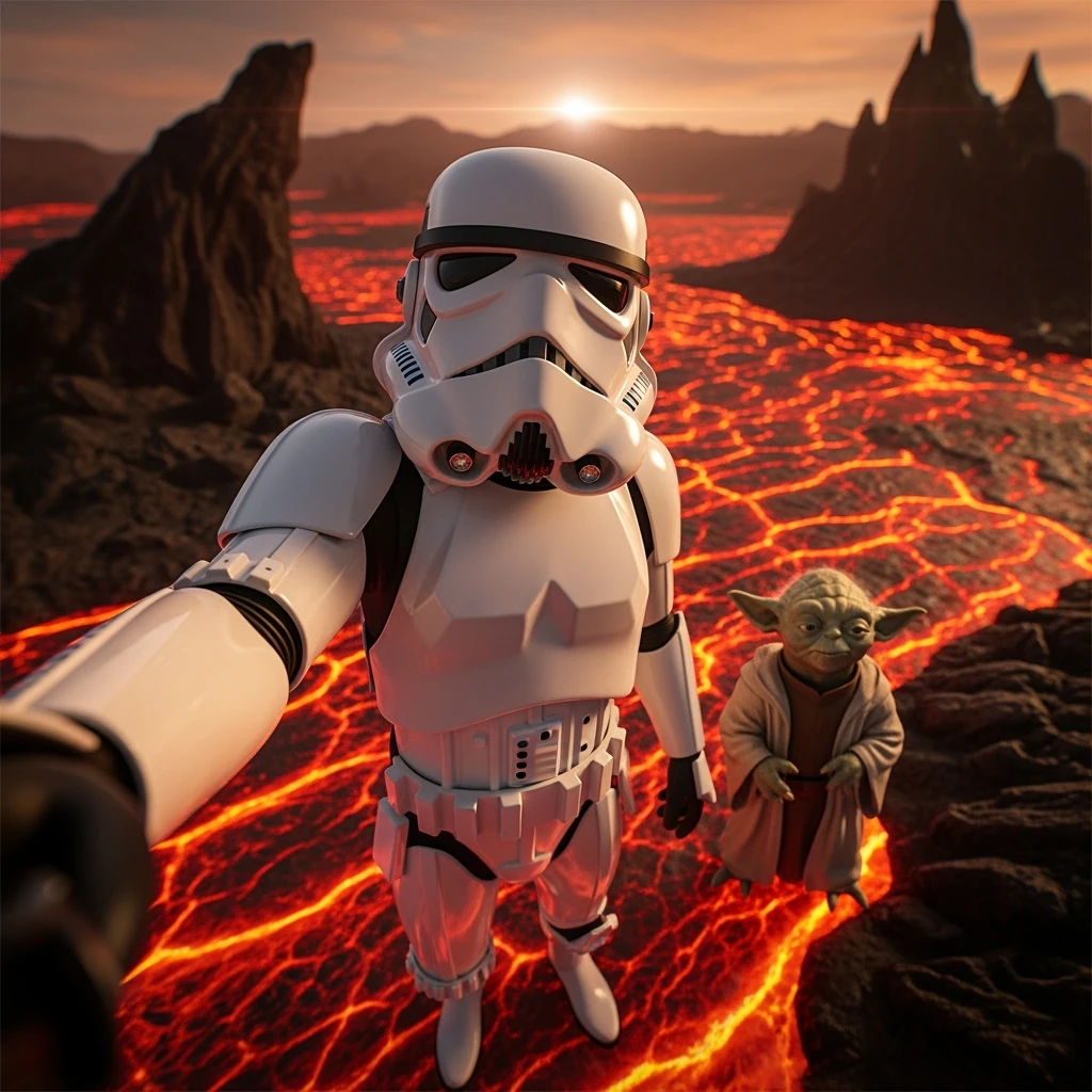 Cinematic still, selfie camera, Starwars stormtroopers vlogging , he is walking on lava planet with yoda emoji