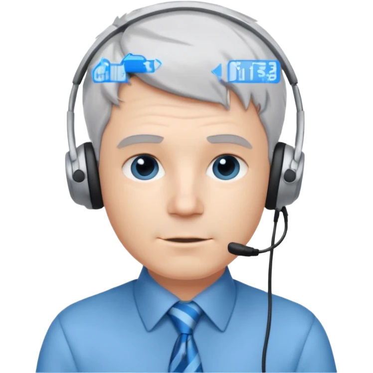 white male programmer with short messy silver gray hair, blue tie, small headphones emoji