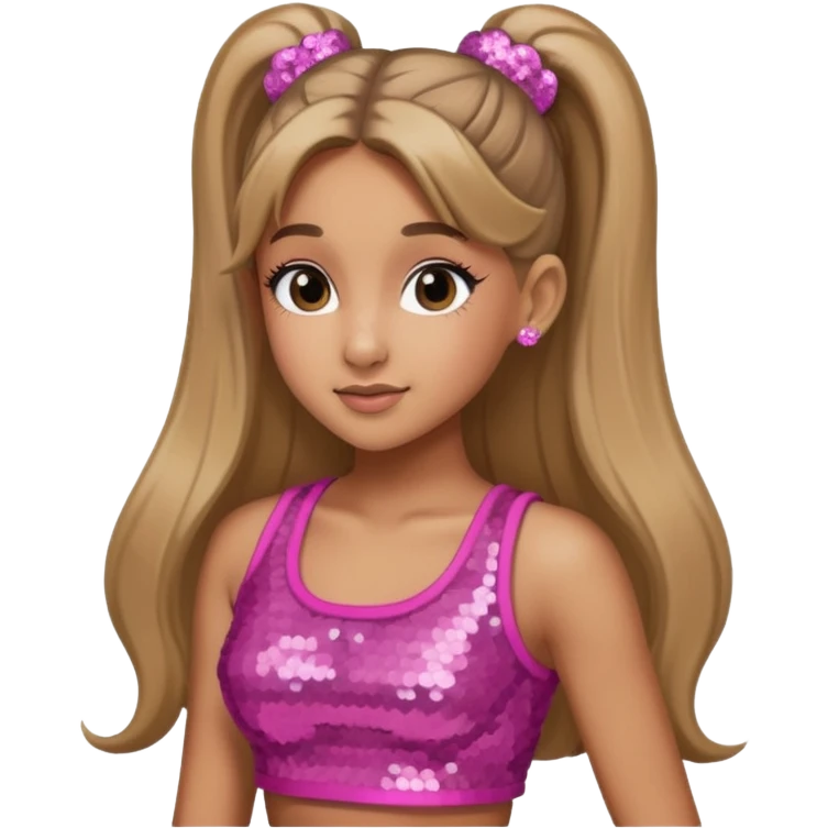 Ariana Grande with long dark blonde ponytail hair, pink sequin crop top emoji