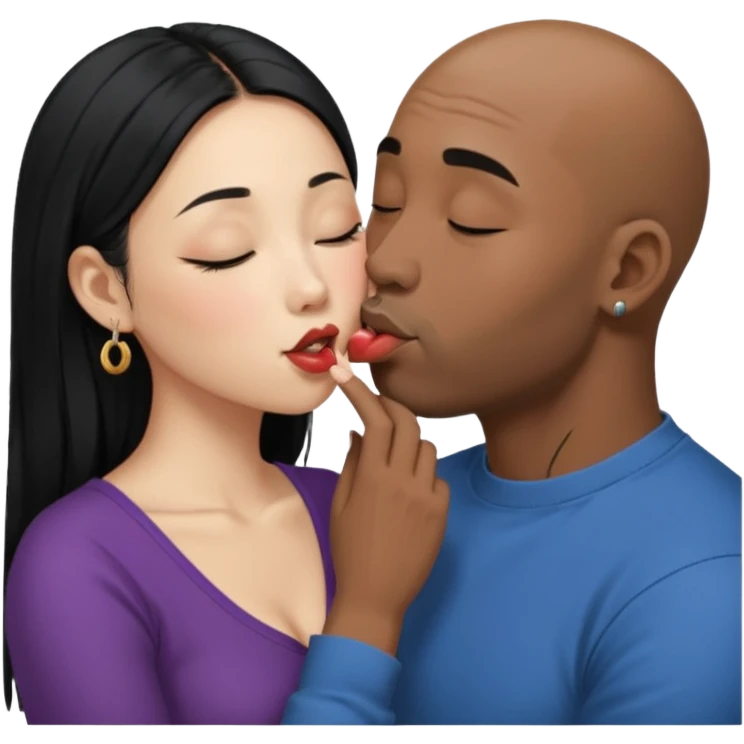 Bald black man with short beard deeply kissing, tonguing each other with open mouth. She is a shorter younger looking asain women. She has long black hair down to her elbows and a nose ring emoji