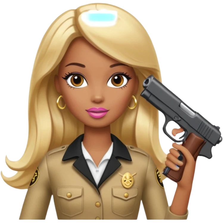 Brown skin blonde hair barbie with black gun emoji