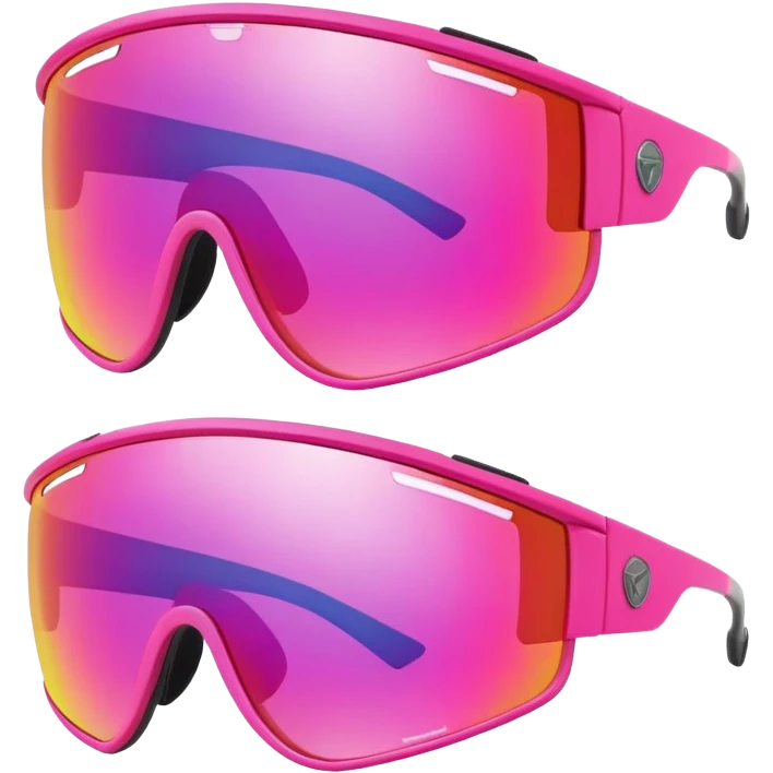 sporty neon pink shield visor sunglasses with thick frame and integrated strap, extremely robust design, substantial build, one-piece mirrored lens emoji