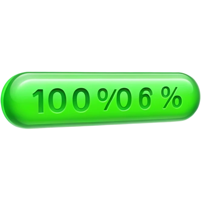 A 3D emoji of a horizontal progress bar filled 100% with bright green color, "100%" text floating above, sleek glass morphism style, professional UI design, white background. emoji
