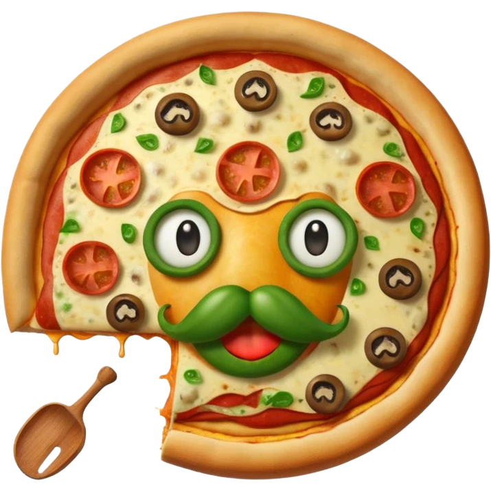 a  whole pizza with pepperonis from eyes and mushroom from the nose and green bell pepper from the mouth and mustache emoji