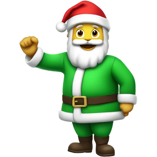 Santa Claus in a green suit and green hat waving with his left hand holding a red sack over his right shoulder emoji