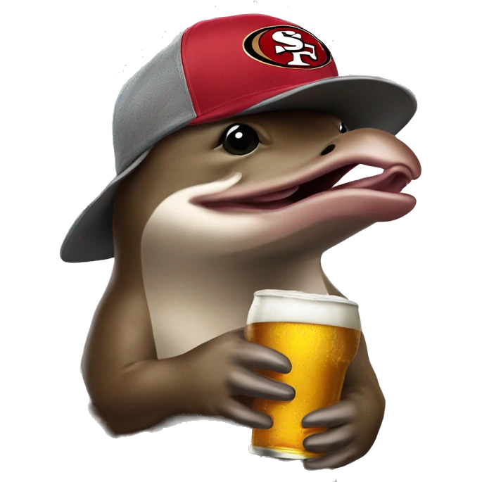 platypus in a 49ers cap holding a beer emoji