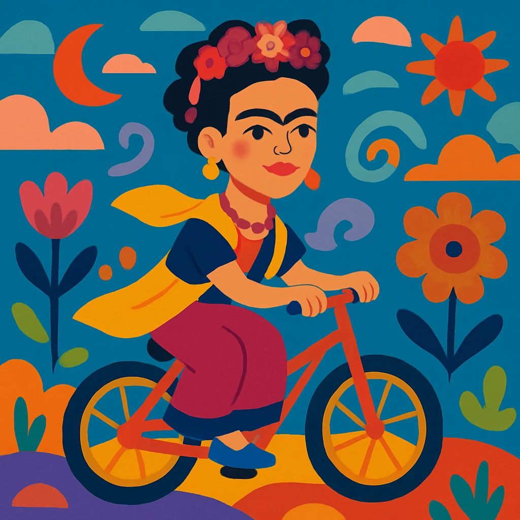 Frida Kahlo on a bicycle, whimsical, surreal elements, vivid palette, iconic unibrow emoji