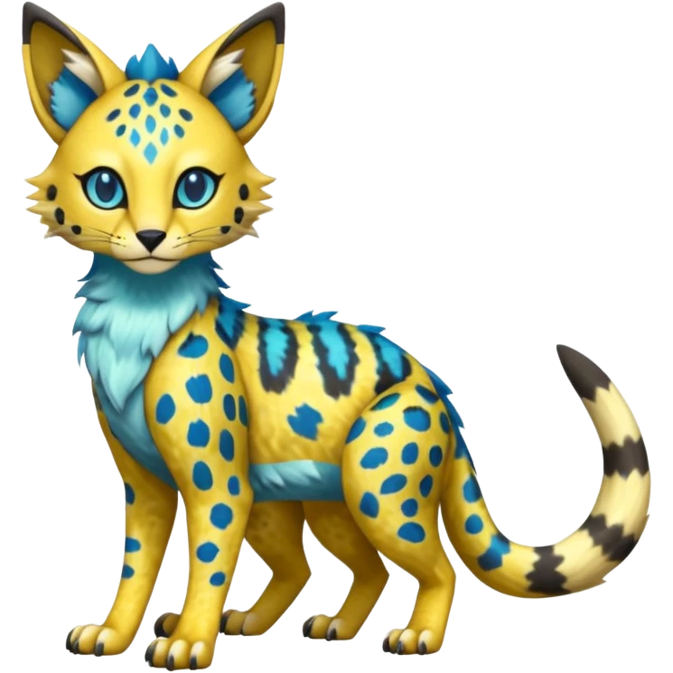 Colorful Golden Gold Shiny Lombax-Sergal-Vernid-Trico-Serval-Civet-Genet-Pokémon-Digimon-Fakémon-fusion-hybrid-creature with Cyan stripes and blue leopard-spot-markings  emoji