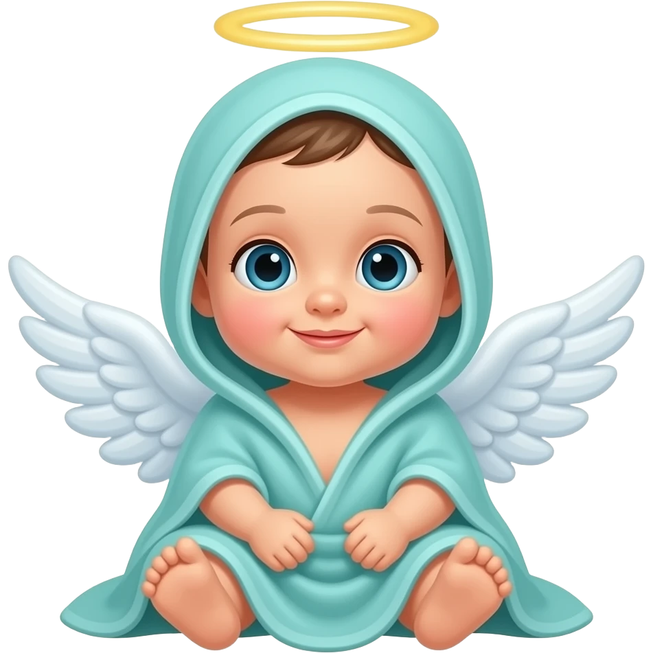 Baby boy wrapped in an aqua towel with halo and angel wings emoji