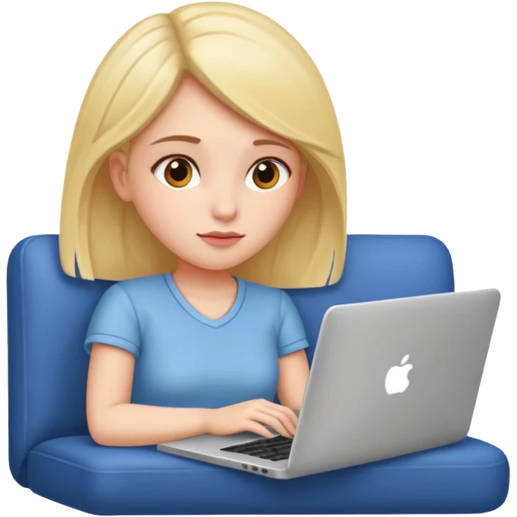 A girl is working with a laptop while lying on the sofa emoji