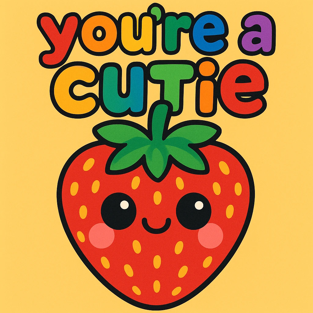text: "you're a cutie" with each letter a different rainbow color, very thick and cartoonish font, lively and cute emoji