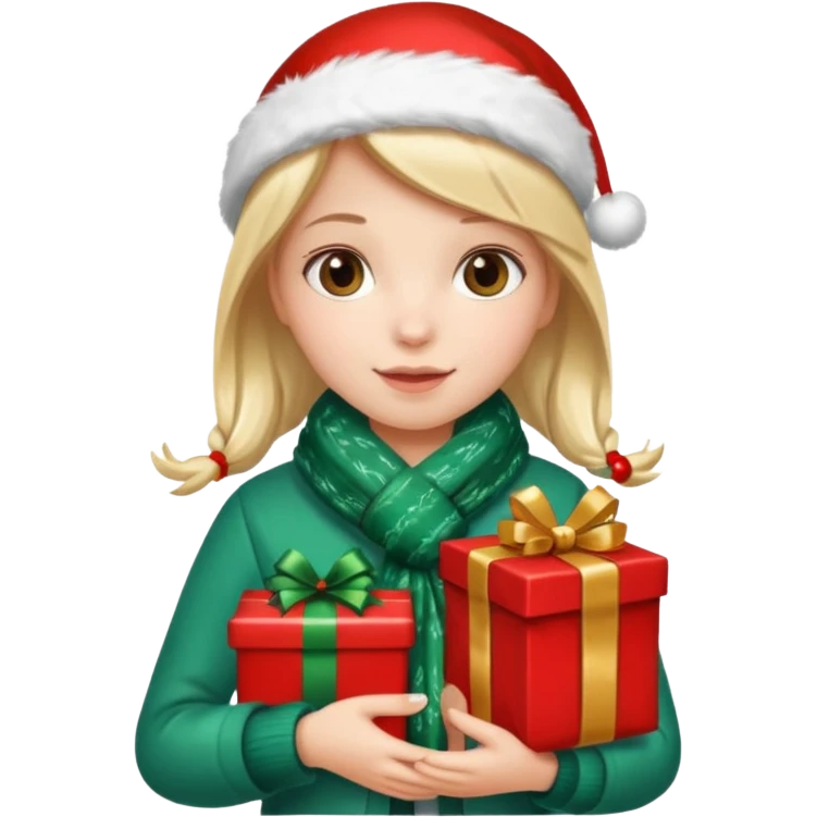 a girl wearing a chirstmas jacket and scarf and holding a christmas gift emoji