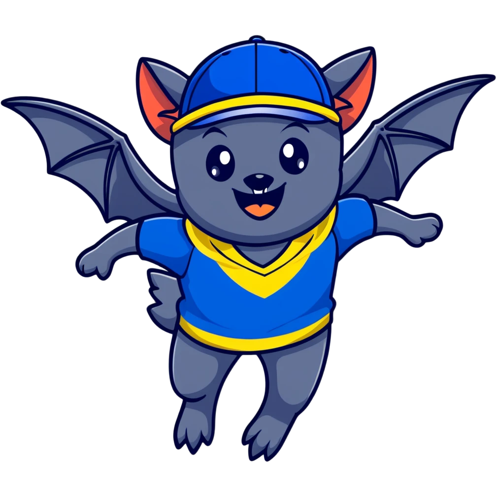 Flying fox bat mascot "Nahalenok" for FC Rostov, cheerful expression, large wings spread wide in flight, big expressive eyes with playful glint, smiling mouth showing small fangs, wearing yellow (#FFCD00) and blue (#0057B8) scarf around neck, blue baseball cap with FC Rostov logo tilted to side, dark grey body emoji